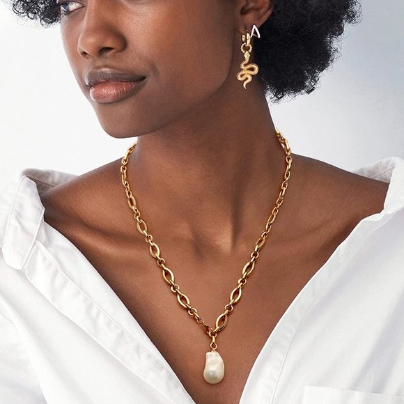 18k Gold Chain Link Necklace for Women Baroque Pearl/Compass Pendant Necklace